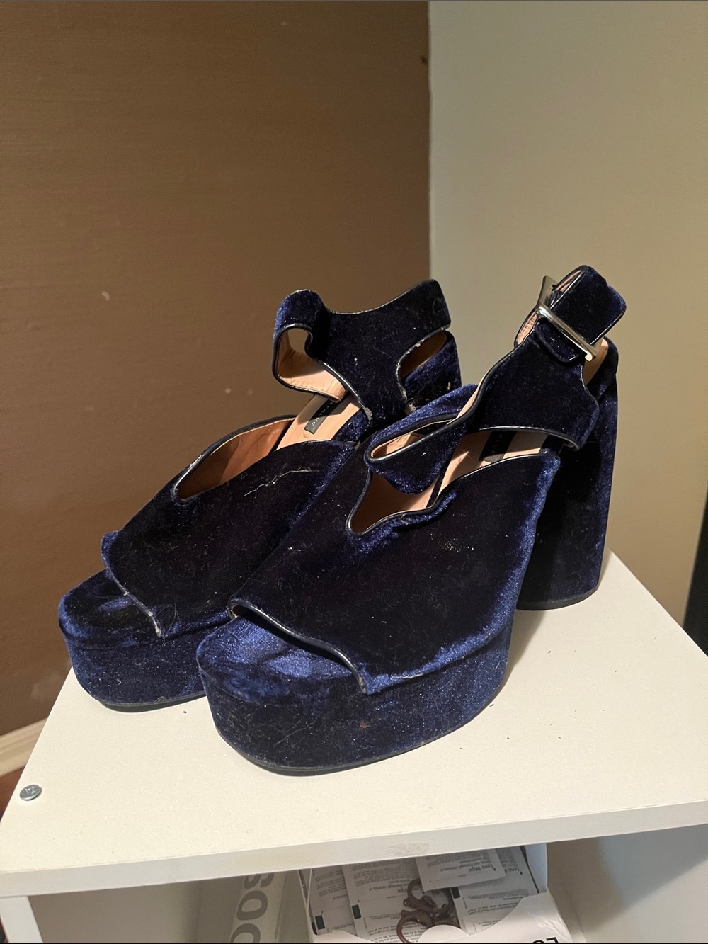 Zara Navy Velvet Platform Heeled Sandals